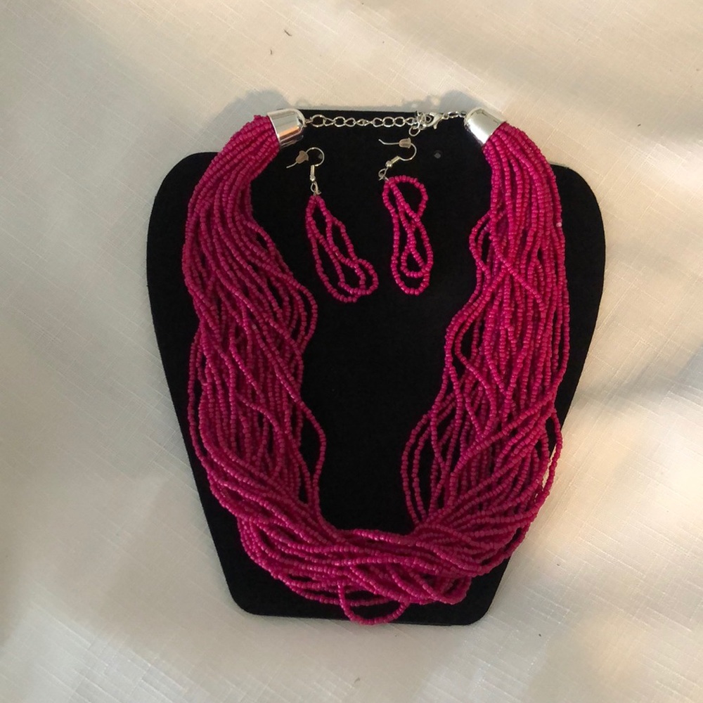 Magenta beaded necklace and earrings set